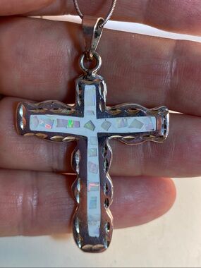 Vintage 925 Sterling Silver Large Opal Inlay Cross Necklace 20”